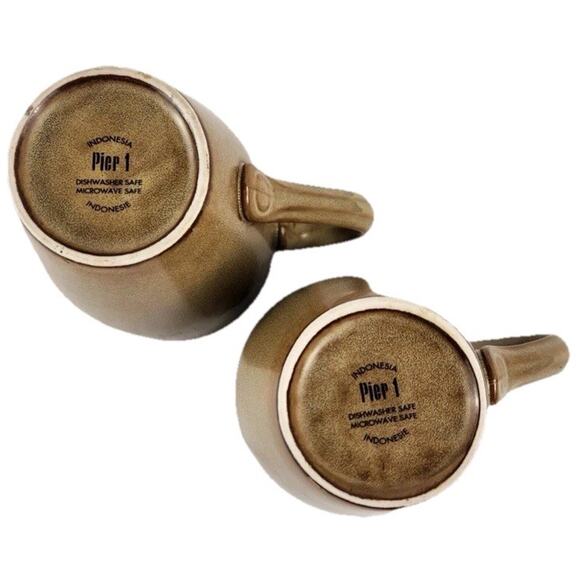 Pier 1 Stoneware Coffee Cups Mugs Brown Green Vintage Boho Floral Set Of 2 - Picture 2 of 5